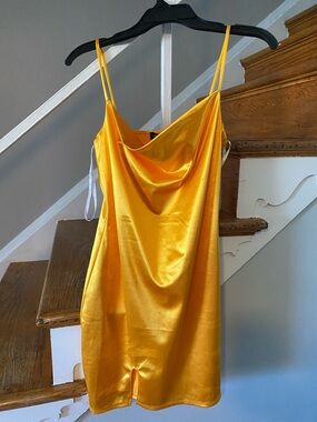 Satin Cowl Mini Dress in Bright Yellow